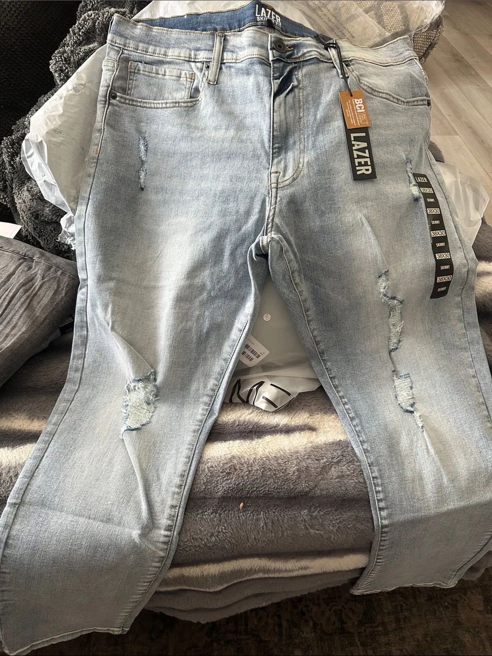LAZER Men’s Light Blue Skinny Jeans with Distressed Details